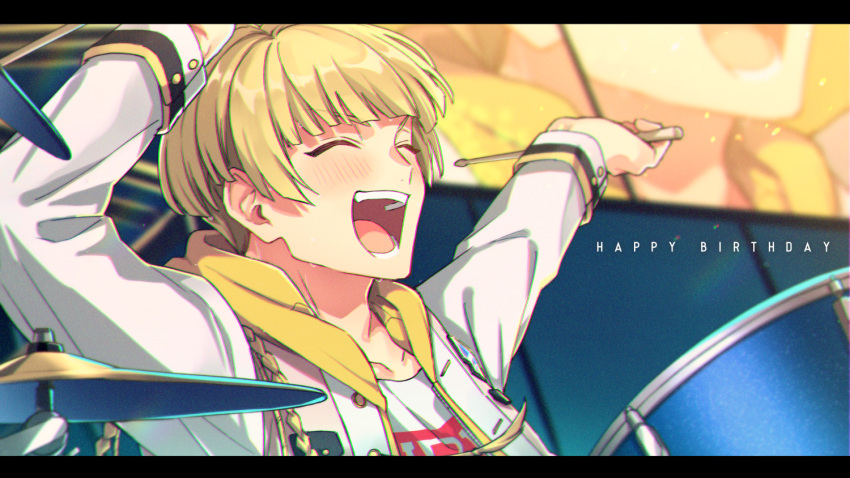 1boy blonde_hair blunt_bangs blush bowl_cut closed_eyes commentary_request cymbals drum drumming drumsticks from_argonavis happy happy_birthday hood instrument letterboxed male_focus open_mouth saigi screen shiroishi_banri smile solo