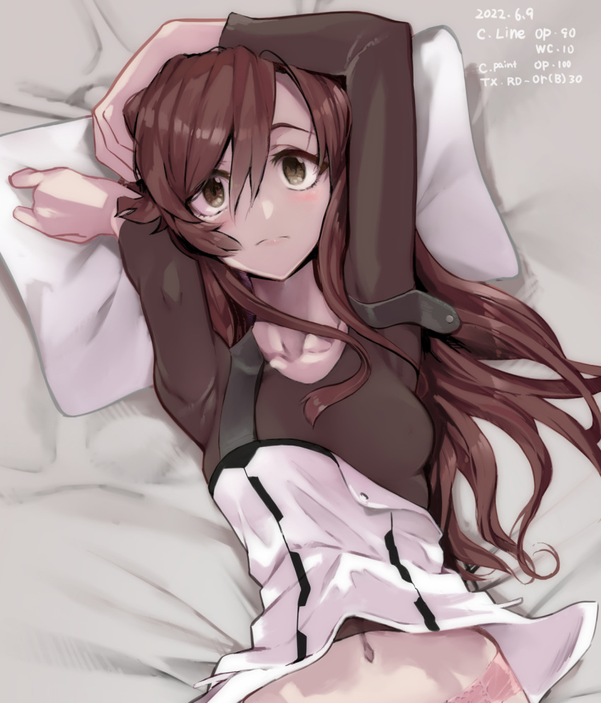 2022 arm_up bed_sheet black_shirt brown_eyes brown_hair closed_mouth collarbone commentary_request evangelion:_3.0+1.0_thrice_upon_a_time female frown hair_between_eyes highres long_hair looking_at_viewer lying midriff navel neon_genesis_evangelion on_back panties pillow pink_panties rebuild_of_evangelion shirt solo stomach straight_hair suzuhara_sakura underwear upper_body yagisawa_teru