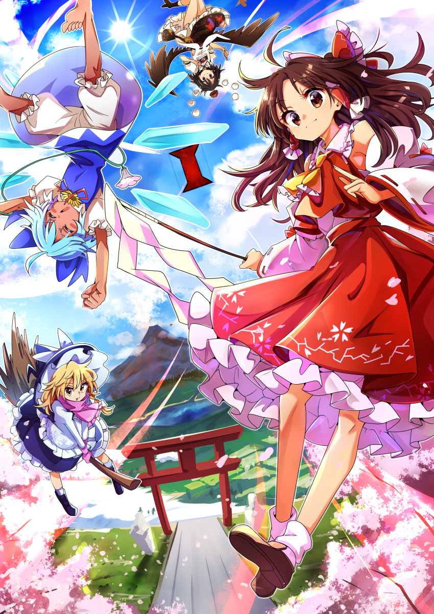 4girls absurdres ahoge ankle_socks apron ascot baba_(baba_seimaijo) barefoot bird_wings black_footwear black_hair black_skirt black_wings blonde_hair bloomers blue_bow blue_dress blue_hair blue_sky bobby_socks boots bow braid broom broom_riding brown_eyes brown_hair camera cirno closed_eyes cloud collared_shirt commentary_request day detached_sleeves dress floral_print flower flying frilled_apron frilled_bow frilled_shirt_collar frilled_skirt frills geta gloves gohei hair_tubes hairbow hakurei_reimu hat hat_bow hidden_star_in_four_seasons highres ice ice_wings juliet_sleeves kirisame_marisa loafers long_hair long_sleeves looking_at_viewer medium_skirt miniskirt multiple_girls nontraditional_miko pink_gloves pink_scarf plant pointy_ears pom_pom_(clothes) print_skirt puffy_short_sleeves puffy_sleeves red_bow red_shirt red_skirt ribbon-trimmed_sleeves ribbon_trim scarf shameimaru_aya shirt shoes short_sleeves side_braid sidelocks single_braid skirt sky sleeveless sleeveless_shirt socks sun sunflower tan tanned_cirno tengu-geta thighs tokin_hat torii touhou underwear vines waist_apron white_bow white_legwear white_shirt wings witch_hat yellow_ascot yellow_eyes