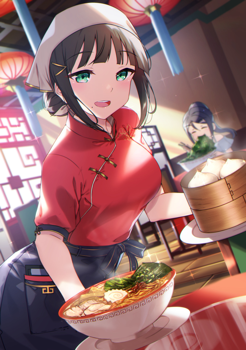 2girls :d absurdres apron bamboo_steamer baozi black_apron black_hair blunt_bangs blush breasts brown_hair chinese_clothes closed_eyes dutch_angle eating food hair_bun head_scarf highres holding holding_plate indoors kurosawa_dia lattice lazy_susan leaning_forward looking_at_viewer love_live! love_live!_school_idol_festival_all_stars love_live!_sunshine!! matsuura_kanan medium_breasts mole mole_under_mouth multiple_girls noodles open_mouth plate ponytail ramen reflection restaurant short_hair short_sleeves sidelocks single_hair_bun smile soup sparkle steam table tassel waitress wooden_floor yamaori_(yamaorimon)