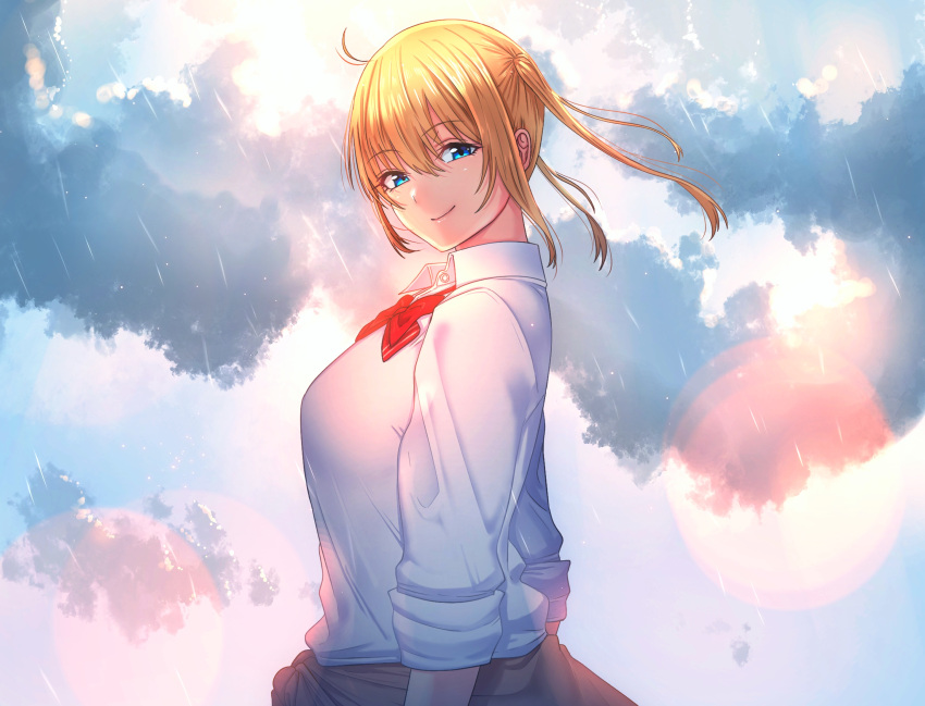 blonde_hair blue_eyes bouhatei_(t-back) bow bowtie closed_mouth clothes_around_waist cloud cloudy_sky commentary_request day female half-closed_eyes highres lens_flare looking_at_viewer looking_back onishima_homare outdoors rain red_bow red_bowtie school_uniform shirt sky sleeves_rolled_up smile solo sounan_desuka? twintails upper_body white_shirt