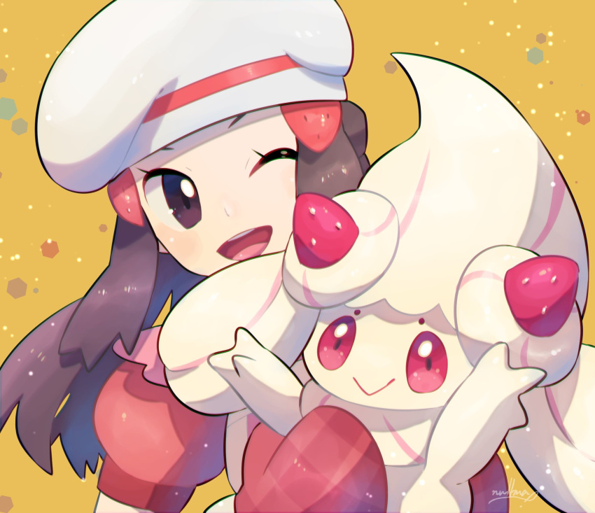 :> alcremie alcremie_(strawberry_sweet) brown_eyes brown_hair commentary dawn_(palentine's_2021)_(pokemon) dawn_(pokemon) dress eyelashes female hair_ornament hairclip hat head_tilt highres holding holding_pokemon mittens nullma official_alternate_costume one_eye_closed open_mouth pokemon pokemon_(creature) pokemon_masters_ex protected_link red_dress red_mittens short_sleeves signature smile teeth tongue white_headwear