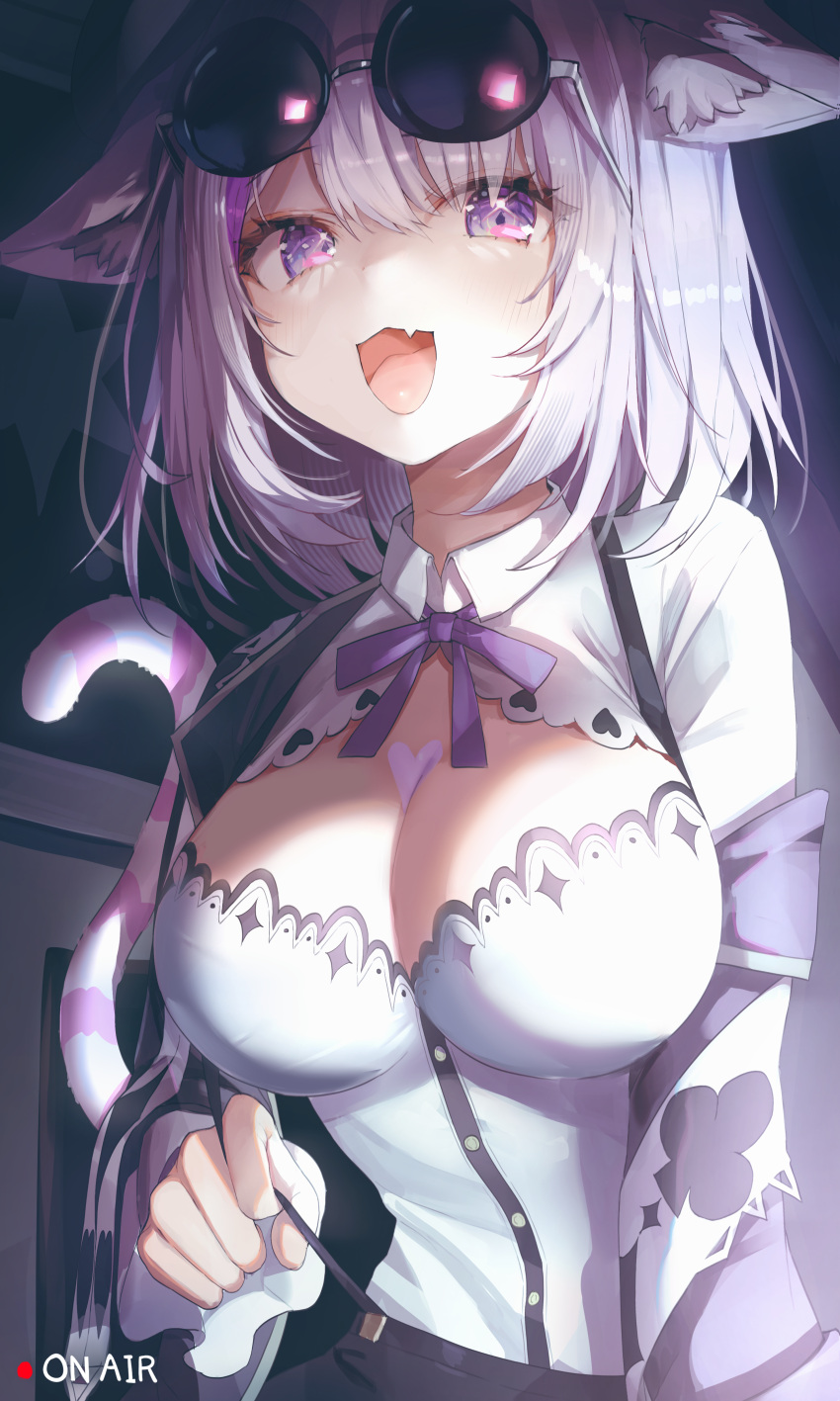 absurdres animal_ear_fluff animal_ears blush breasts cat_ears cat_girl cat_tail cleavage collared_shirt female heart_on_chest highres hololive large_breasts long_sleeves looking_at_viewer misyune nekomata_okayu nekomata_okayu_(wonderland) oerba_yun_fang official_alternate_costume open_mouth purple_eyes purple_hair round_eyewear shirt short_hair skin_fang solo tail tinted_eyewear virtual_youtuber