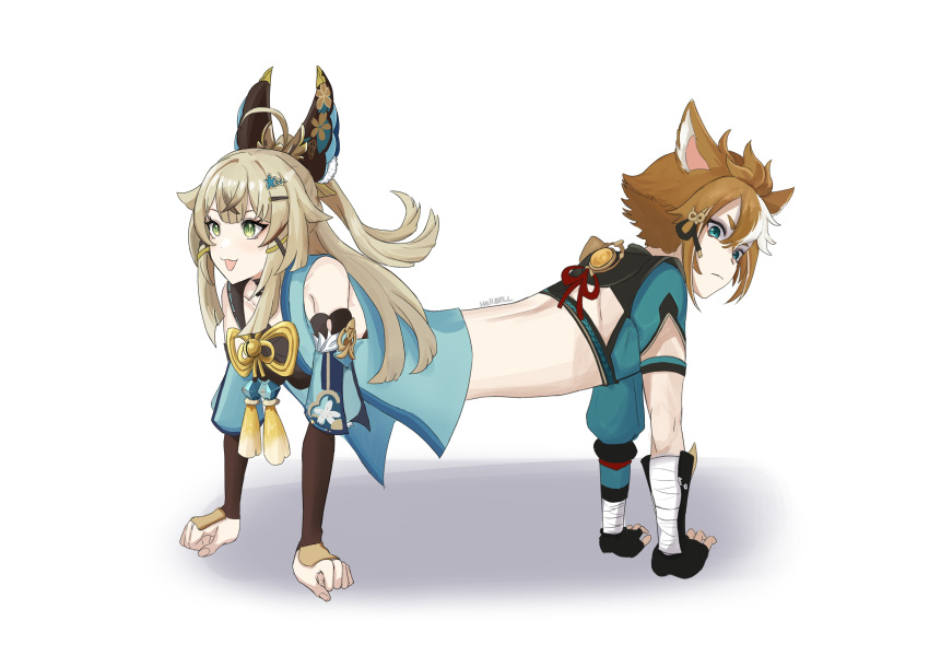 1boy :d absurdres ahoge anatomical_nonsense animal_ears artist_name black_bridal_gauntlets black_choker blonde_hair blue_eyes bridal_gauntlets brown_hair cat_ears cat_girl catdog choker commentary conjoined crop_top dog_boy dog_ears english_commentary female genshin_impact gorou_(genshin_impact) green_eyes hair_between_eyes hair_ornament hairclip hellbell highres igote japanese_clothes kirara_(genshin_impact) long_hair multicolored_hair smile two-tone_hair v-shaped_eyebrows vision_(genshin_impact)