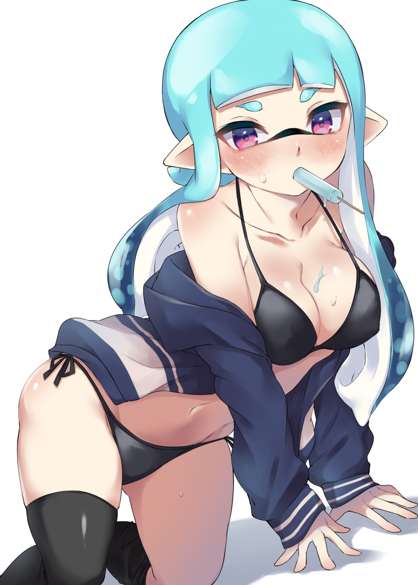 agent_3_(splatoon) arm_support bikini black_bikini black_thighhighs blue_hair blue_jacket blunt_bangs blush breasts cleavage commentary female food food_in_mouth food_on_body food_on_breasts halterneck highres inkling inkling_girl inkling_player_character jacket kneeling leaning_to_the_side long_hair long_sleeves looking_at_viewer medium_breasts mouth_hold navel no_pants off_shoulder open_clothes open_jacket penguin_maru_(penginmaru) pointy_ears popsicle popsicle_in_mouth purple_eyes shadow side-tie_bikini_bottom simple_background solo splatoon_(series) swimsuit tentacle_hair thighhighs track_jacket twintails white_background