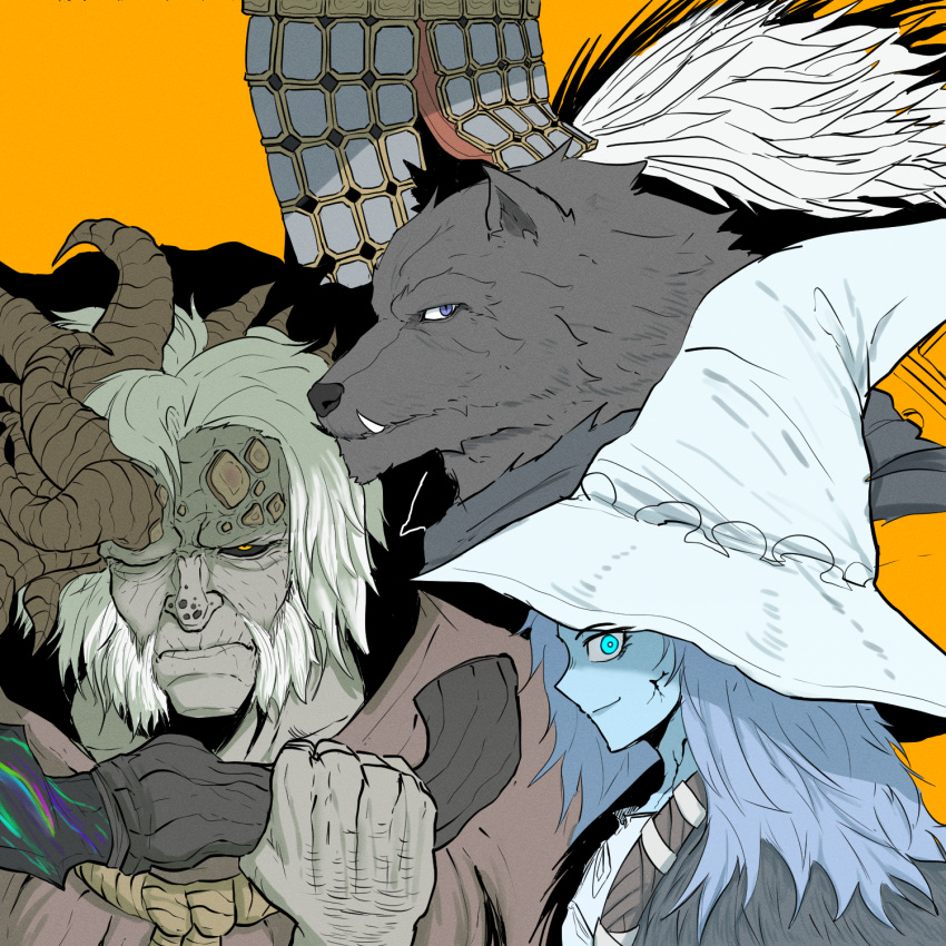 3boys bad_id bad_pixiv_id black_sclera blaidd_the_half-wolf blue_hair blue_skin colored_sclera colored_skin cracked_skin elden_ring eyebrows_visible_through_hat female gj_gwaeji grey_hair grey_headwear hand_up hat highres holding holding_weapon horns korean_commentary long_hair looking_at_viewer margit_the_fell_omen morgott_the_omen_king multiple_boys oerba_yun_fang orange_background ranni_the_witch short_hair simple_background slit_pupils teeth war_counselor_iji weapon witch_hat