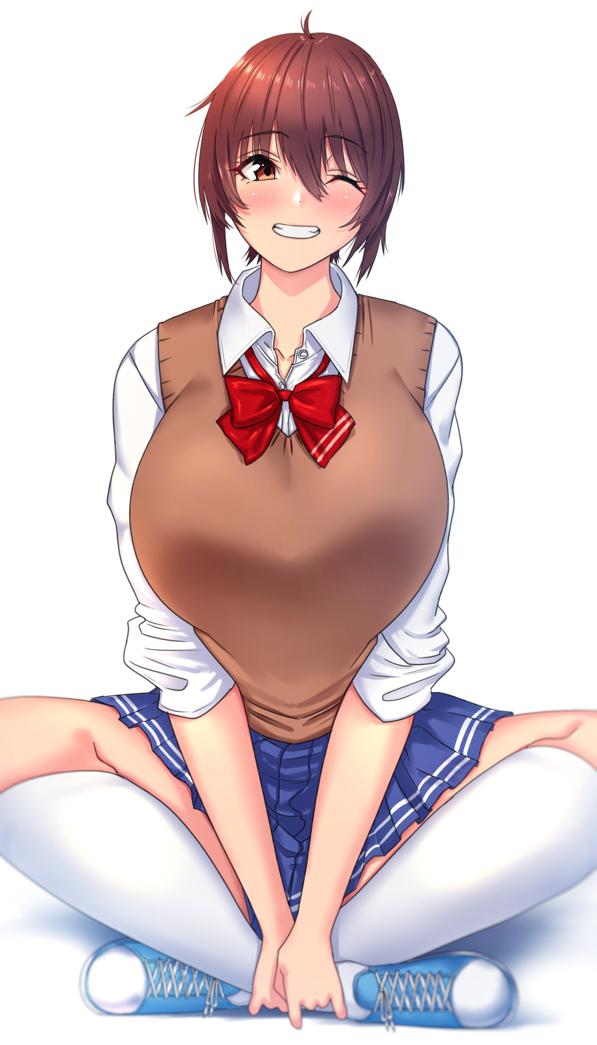 absurdres bouhatei_(t-back) bow bowtie breasts brown_eyes brown_hair female full_body grin hands_on_own_leg highres indian_style kneehighs large_breasts looking_at_viewer miniskirt one_eye_closed red_bow red_bowtie school_uniform shirt shoes short_hair simple_background sitting skirt sleeves_rolled_up smile sneakers socks solo sounan_desuka? suzumori_asuka sweater_vest teeth tomboy white_background white_shirt white_socks