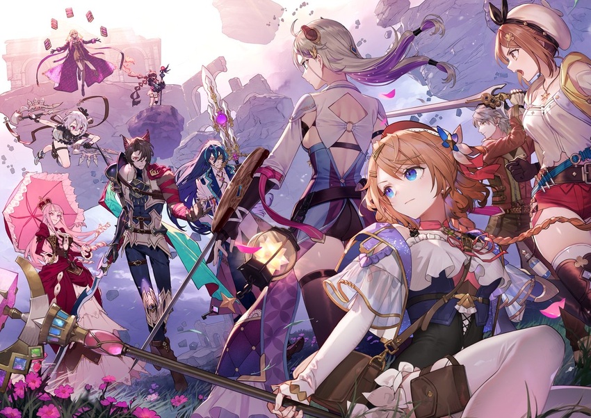 3boys 6+girls ahoge animal_ears antje_moltke armor asymmetrical_sleeves atelier_(series) atelier_escha_&_logy atelier_resleriana atelier_ryza backless_outfit bandaged_arm bandages belt black_gloves black_hair black_shorts black_thighhighs blonde_hair blue_coat blue_eyes blue_hair blue_pants book braid braided_ponytail breasts broken_horn brown_eyes brown_hair brown_jacket brown_pants capelet cat_ears choker clothing_cutout coat criselda_(atelier) crow_(atelier) crown demon_horns detached_sleeves dress dual_wielding eyepatch fingerless_gloves floating floating_island flower frilled_dress frills geron_diesel gloves hair_between_eyes hair_ornament hairclip hat holding holding_polearm holding_staff holding_umbrella holding_weapon horns jacket jewelry juliet_sleeves lantern lara_trockel logix_ficsario long_sleeves looking_at_another looking_back mismatched_sleeves multicolored_hair multiple_belts multiple_boys multiple_girls necklace noco_(adamas) o-ring official_art open_mouth pale_skin pants pauldrons pink_choker pink_eyes pink_hair polearm pouch promotional_art puffy_sleeves purple_coat purple_hair red_dress red_eyes red_shorts reisalin_stout resna_sternenlicht ruins shirt short_hair short_shorts shorts shoulder_armor sideboob single_pauldron sitting staff standing star_(symbol) star_choker streaked_hair sword thigh_pouch thigh_strap thighhighs thighs tokki two-tone_hair umbrella umiu_geso valeria_(atelier) walther_mann weapon white_dress white_hair white_headwear white_jacket white_shirt white_thighhighs yellow_eyes