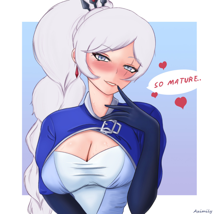 absurdres aximily blue_eyes blush border braid braided_ponytail breasts cleavage earrings elbow_gloves english_text female gloves hair_ornament hand_up heart highres jewelry long_hair looking_at_viewer medium_breasts parted_lips rwby scar scar_across_eye shrug_(clothing) solo speech_bubble sweat tiara very_long_hair weiss_schnee white_border white_hair