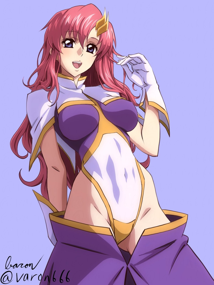 artist_name baron_(varon666) blue_background blue_eyes breasts commentary_request cosplay cowboy_shot female gloves groin gundam gundam_seed gundam_seed_destiny hair_ornament highleg highleg_leotard highres lacus_clyne leotard long_hair looking_at_viewer medium_breasts meer_campbell meer_campbell_(cosplay) multicolored_leotard open_mouth pink_hair purple_skirt skirt smile solo teeth twitter_username upper_teeth_only white_gloves white_leotard