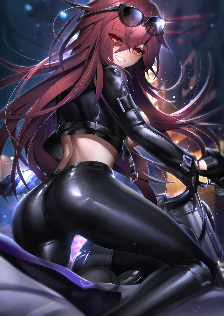 1boy absurdres ass black_gloves blurry blurry_background breasts cropped_jacket elesis_(elsword) elsword eyes_visible_through_hair eyewear_on_head female flame_lord_(elsword) gloves grin highres jacket leather leather_gloves leather_jacket leather_pants long_hair looking_at_viewer looking_back motor_vehicle motorcycle night pants red_eyes red_hair rourou_(been) sideboob smile sunglasses teeth