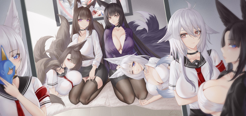 6+girls absurdres akagi_(azur_lane) amagi_(azur_lane) animal_ears azur_lane black_choker black_garter_straps black_hair black_pantyhose black_skirt black_thighhighs blue_eyes blush breasts brown_eyes brown_hair choker cleavage collared_shirt fox_ears fox_girl fox_tail garter_straps hair_between_eyes highres holding holding_mask ichikushi_mojibake indoors kaga_(azur_lane) kii_(azur_lane) kneeling lap_pillow large_breasts long_hair long_sleeves looking_at_viewer mask multiple_girls multiple_tails musashi_(azur_lane) necktie pantyhose parted_lips purple_eyes purple_shirt red_necktie school_uniform serafuku shinano_(azur_lane) shirt short_sleeves siblings sisters skirt smile tail thighhighs thighs tosa_(azur_lane) white_serafuku white_shirt