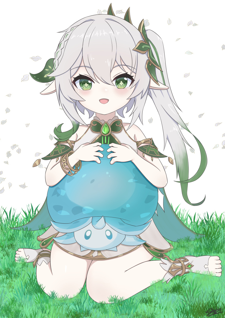 :d absurdres bare_shoulders braid commentary cross-shaped_pupils dress female fungi_(genshin_impact) genshin_impact green_eyes green_hair grey_hair hair_ornament highres long_hair looking_at_viewer multicolored_hair nahida_(genshin_impact) on_grass pointy_ears sato_art side_ponytail simple_background sitting sleeveless sleeveless_dress smile socks stirrup_legwear streaked_hair symbol-shaped_pupils toeless_legwear very_long_hair wariza white_background white_dress white_socks