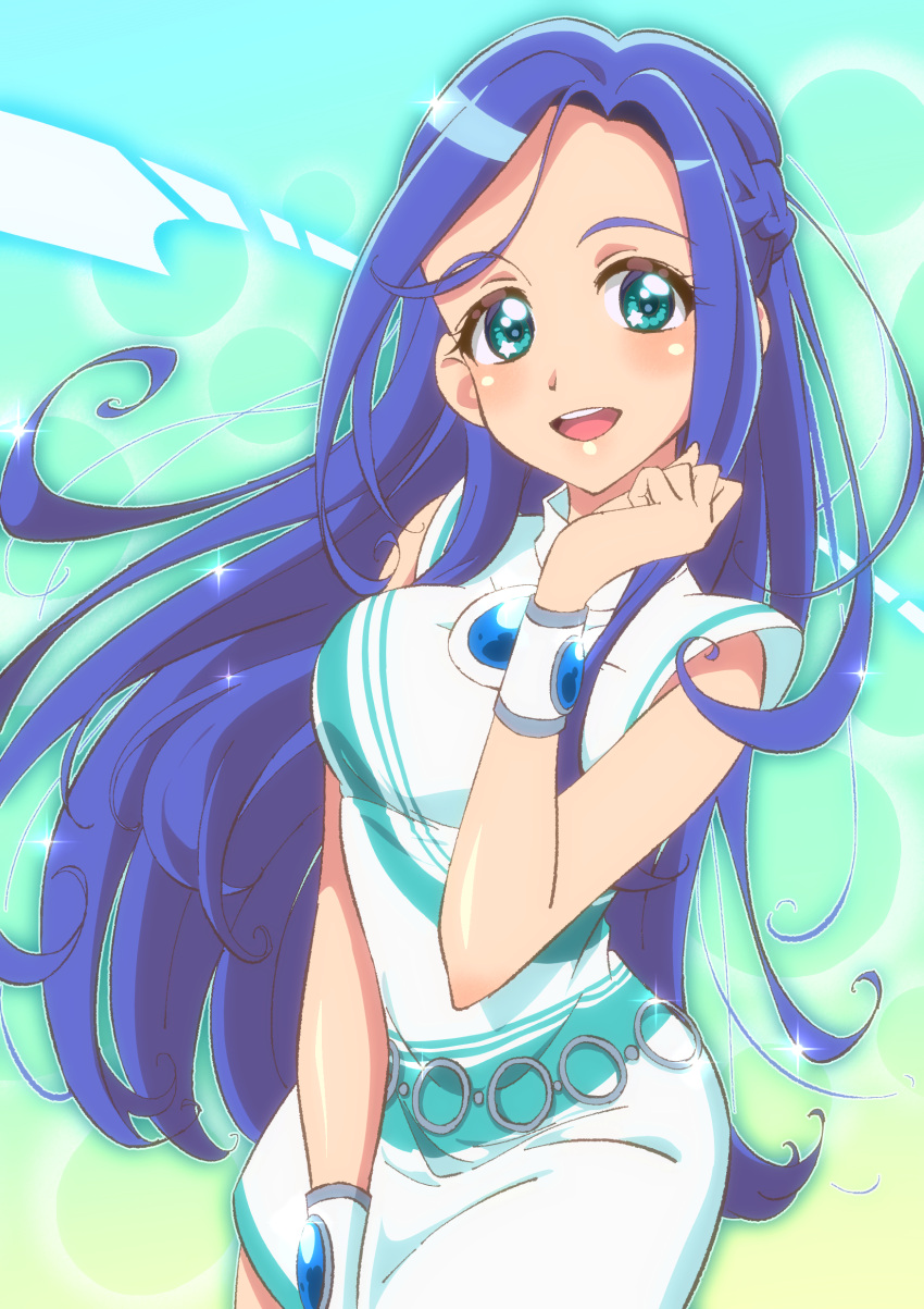 :d absurdres aqua_dress aqua_eyes arm_between_legs arm_up bad_id bad_pixiv_id bare_shoulders blue_hair blush braid breasts clenched_hand dress female floating_hair forehead french_braid gem gradient_background highres imai_kotoko kaoryu-kun large_breasts long_hair looking_at_viewer mewkledreamy multicolored_clothes multicolored_dress open_mouth round_teeth shiny_skin short_dress smile solo star_(symbol) star_in_eye striped_clothes striped_dress symbol_in_eye teeth upper_body upper_teeth_only white_dress wrist_cuffs