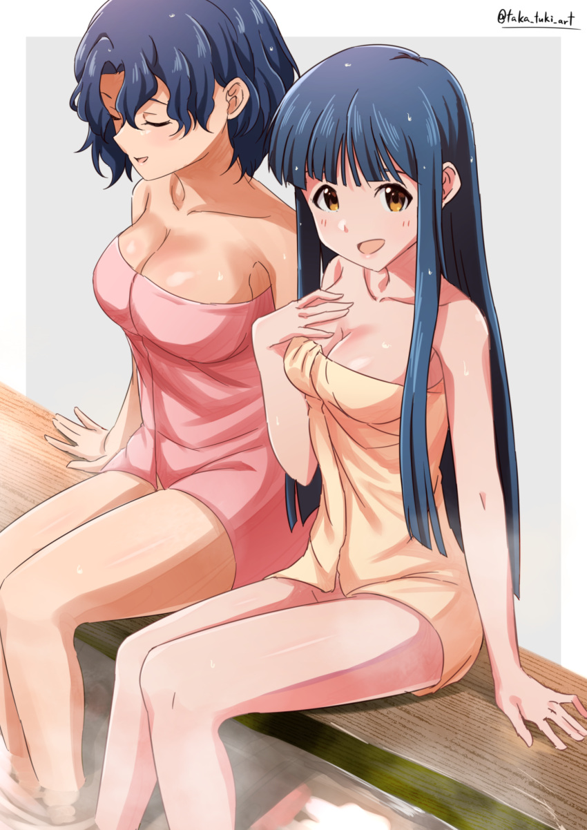 2girls :d bare_arms bare_legs bare_shoulders black_hair breasts brown_eyes cleavage closed_eyes collarbone curly_hair highres idolmaster idolmaster_million_live! kitakami_reika large_breasts long_hair medium_breasts medium_hair multiple_girls naked_towel open_mouth pink_towel shiny_skin sitting smile soaking_feet straight_hair takatsuki_p towel toyokawa_fuka twitter_username yellow_towel