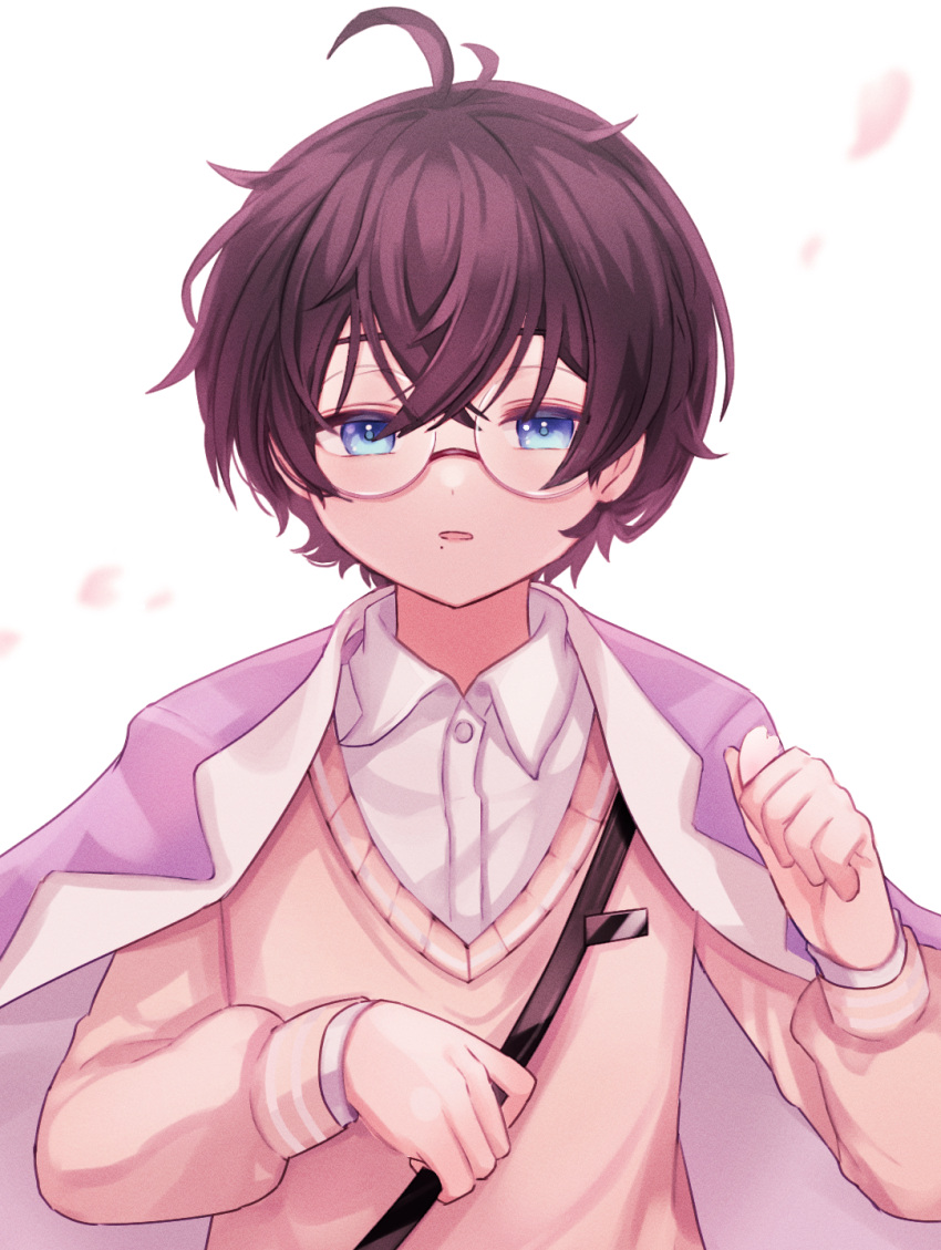 1boy ahoge bad_id bad_pixiv_id black_hair blue_eyes cape collared_shirt commentary_request glasses highres holding holding_petal ichinose_sora lolicon looking_at_viewer mahjong_soul male_focus mole mole_under_mouth nemu_raku_kizoku_(user_exgk7444) petals shirt solo straight-on strap sweater v-neck white_background white_shirt