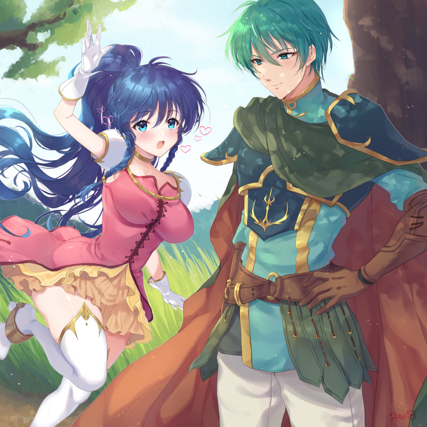 1boy aqua_eyes aqua_hair arm_up armor awayuki_ramika belt blue_armor blue_eyes blue_hair blue_shirt blue_sky blush boots braid breastplate breasts brown_belt brown_gloves cape commentary_request commission day dress ephraim_(fire_emblem) female fire_emblem fire_emblem:_the_sacred_stones gloves grass hand_on_own_hip heart high_ponytail highres large_breasts leg_up long_hair looking_at_viewer open_mouth orange_skirt outdoors pants pegasus_knight_uniform_(fire_emblem) pink_dress shirt short_hair shoulder_armor side_braids skeb_commission skirt skirt_under_dress sky smile standing tana_(fire_emblem) thigh_boots tree twin_braids very_long_hair waving white_footwear white_gloves white_pants