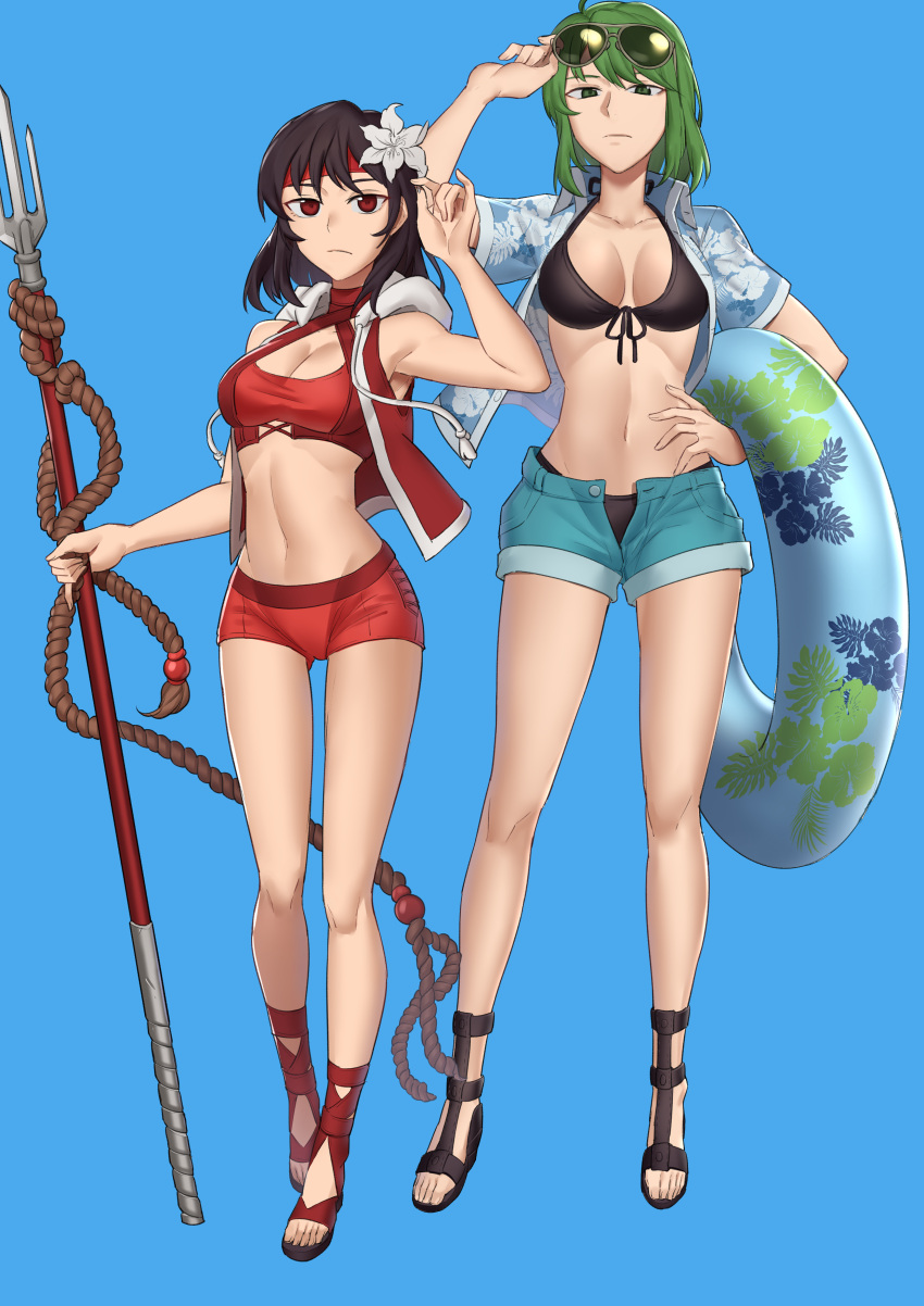 2girls absurdres alternate_costume bikini bikini_under_clothes black_bikini black_hair blue_background breasts breasts_apart cleavage collarbone ebinku eda_(fire_emblem) eyewear_on_head fire_emblem fire_emblem:_thracia_776 floral_print flower green_eyes green_hair groin hair_flower hair_ornament headband highres holding holding_polearm holding_weapon innertube looking_at_viewer looking_down medium_breasts medium_hair misha_(fire_emblem) multiple_girls navel open_clothes open_fly open_shirt open_shorts polearm red_bikini red_eyes sandals serious shirt short_hair short_shorts shorts side-tie_bikini_bottom simple_background sunglasses swim_ring swimsuit trident unbuttoned weapon