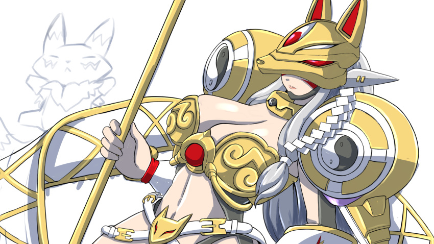 animal_ears armor belt bikini_armor breasts cleavage closed_mouth commentary covered_eyes cowboy_shot detached_sleeves digimon digimon_(creature) dutch_angle facial_mark female fox_ears fox_mask grey_hair highres holding holding_staff holding_weapon large_breasts long_hair mask navel nazca_(rapid-rabbit's) renamon sakuyamon sakuyamon_x shoulder_armor simple_background staff standing stomach weapon white_background white_belt white_sleeves yellow_armor yellow_collar yin_yang