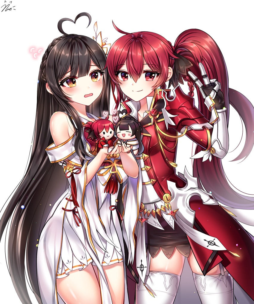 2girls ahoge apsara_(elsword) ara_haan bare_shoulders black_hair black_skirt brown_eyes character_doll collarbone commentary dress elesis_(elsword) elsword empire_sword_(elsword) flying_sweatdrops garter_straps gauntlets hair_between_eyes hand_up heart heart_ahoge highres jacket long_hair long_sleeves multiple_girls red_eyes red_hair red_jacket shirt side_ponytail signature skirt standing thighhighs v very_long_hair white_background white_dress white_legwear white_shirt wide_sleeves xes_(xes_5377) yuri