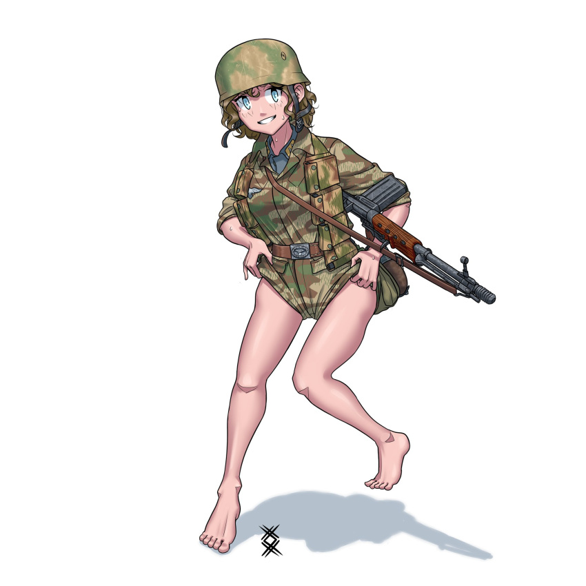 :d ammunition_pouch artist_logo bare_legs barefoot battle_rifle belt belt_buckle blonde_hair blue_eyes brown_belt buckle camouflage camouflage_headwear camouflage_jacket camouflage_shorts chin_strap clothes_pull collared_jacket collared_shirt combat_helmet commentary english_commentary fallschirmjager female fg42 full_moon german_commentary germany green_headwear green_jacket grey_shirt grin gun gun_sling helmet highres jacket light_brown_hair long_sleeves looking_at_viewer luftwaffe military military_jacket military_uniform mixed-language_commentary moon open_mouth original ostwindprojekt paratrooper patch pocket pouch reichsadler rifle shadow shirt short_hair shorts shorts_pull simple_background sleeves_rolled_up smile soldier solo stahlhelm standing standing_on_one_leg teeth toes uniform weapon wet white_background world_war_ii