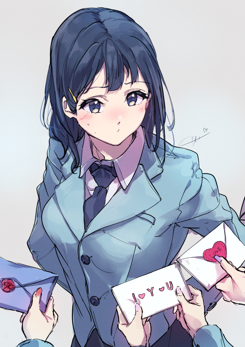 arms_behind_back black_hair black_skirt blazer blue_eyes blue_jacket blue_necktie blush breasts closed_mouth commentary_request female grey_background hair_ornament hairclip hibike!_euphonium highres jacket kuziaaizuk letter long_hair long_sleeves love_letter medium_breasts necktie rikka_koukou_marching_band_e_youkoso sasaki_azusa simple_background skirt solo_focus sweatdrop upper_body