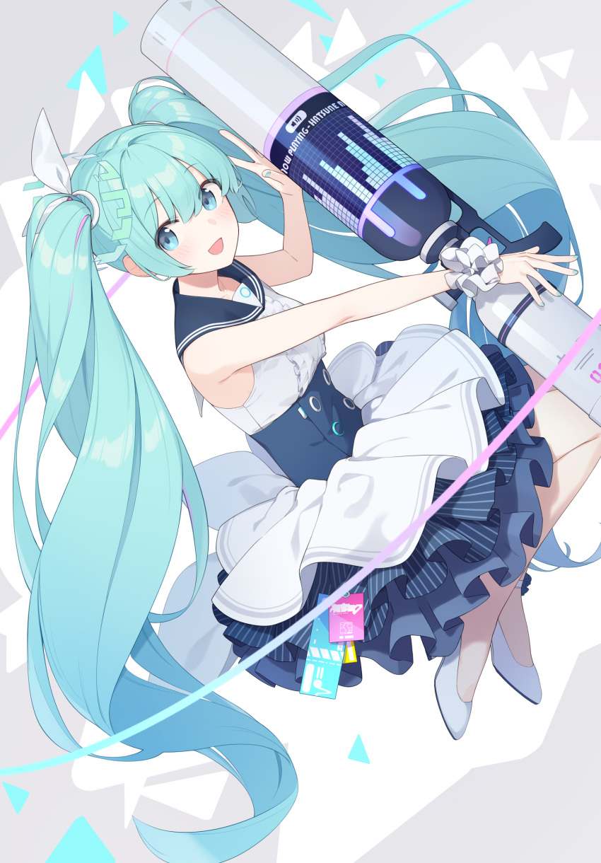 :d audio_visualizer blue_archive blue_eyes blue_hair blue_nails blue_sailor_collar blue_skirt bow buttons center_frills commentary double-breasted enosan female frilled_skirt frills full_body hairbow hatsune_miku high-waist_skirt high_heels highres holding holding_weapon layered_skirt long_hair looking_at_viewer sailor_collar scrunchie shirt sidelocks skirt sleeveless sleeveless_shirt smile solo speaker twintails very_long_hair vocaloid volume_symbol weapon white_footwear white_scrunchie white_shirt white_skirt wrist_scrunchie