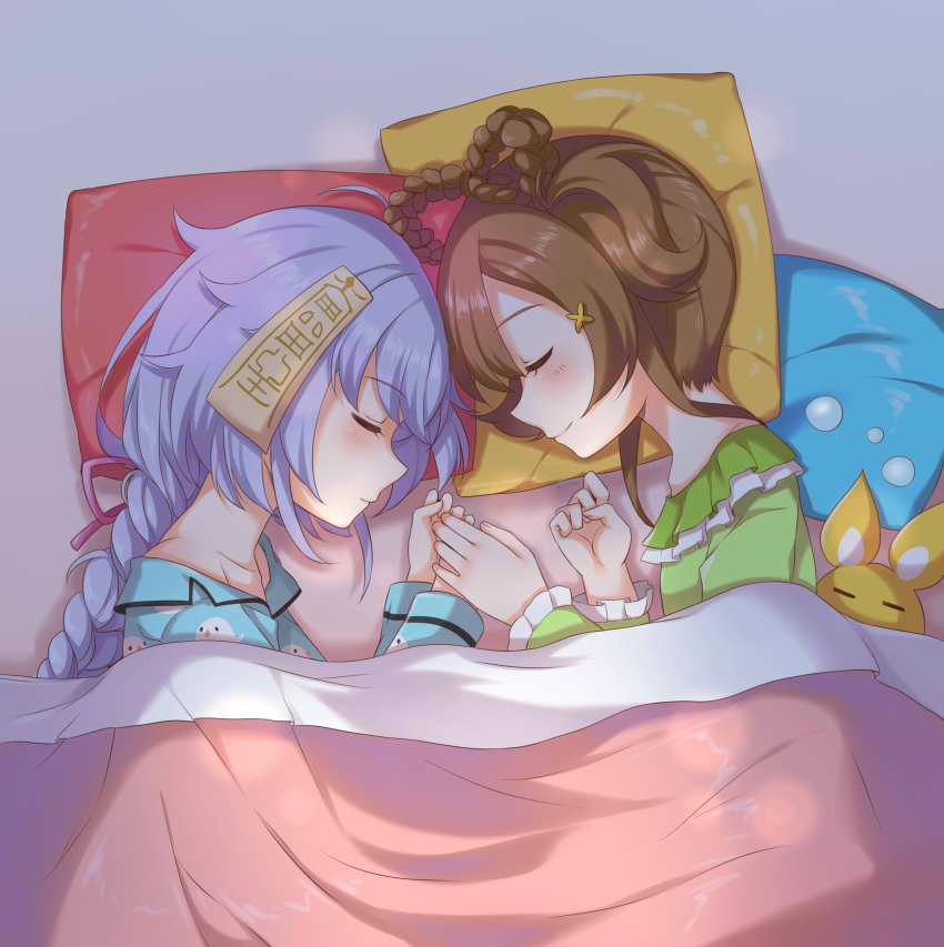 2girls absurdres alternate_costume bed bed_sheet blanket blunt_bangs braid braided_ponytail brown_hair candy_rimo commentary_request from_above genshin_impact hair_between_eyes hair_ornament highres jiangshi long_hair long_sleeves low_ponytail lying multiple_girls ofuda on_side pajamas pillow purple_hair qiqi_(genshin_impact) sidelocks simple_background single_braid sleeping stuffed_animal stuffed_toy twin_braids twintails under_covers yaoyao_(genshin_impact) yuegui_(genshin_impact)