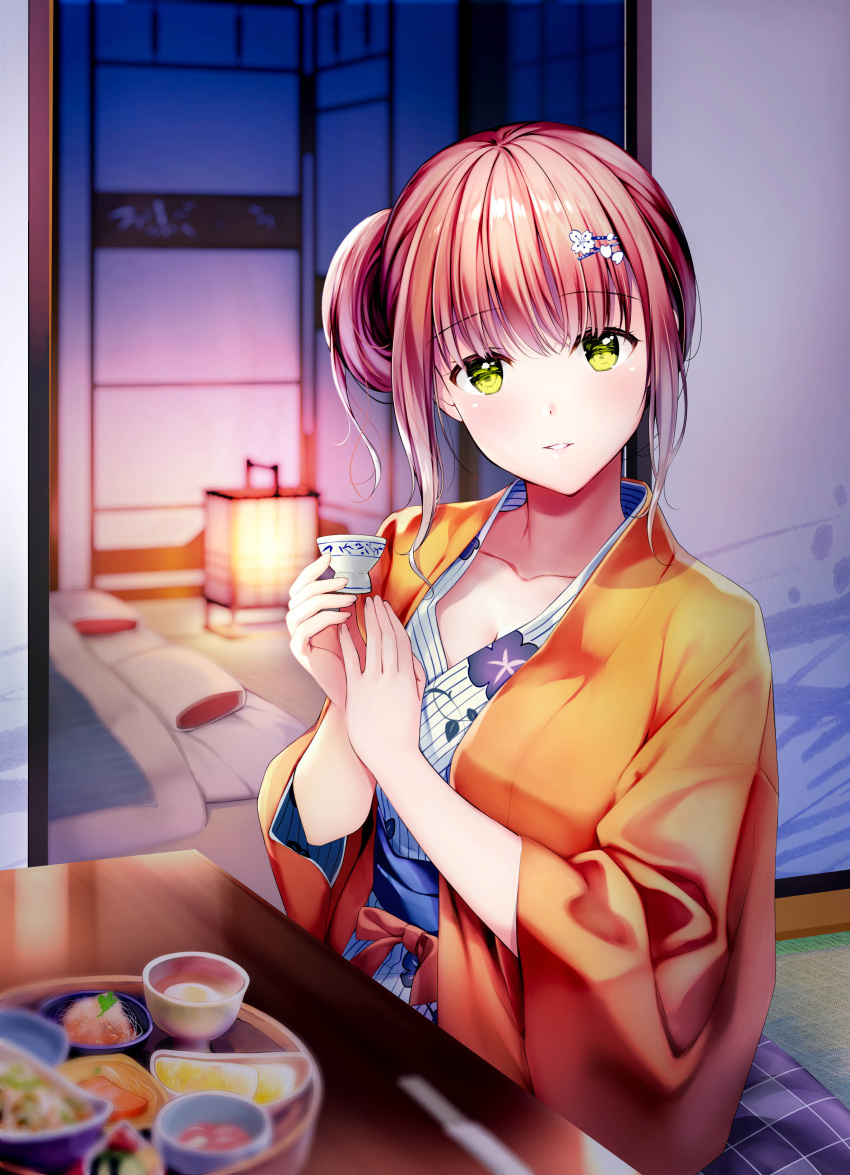 absurdres blurry blurry_background brown_hair commentary_request cup cushion depth_of_field female floral_print flower food futon green_eyes hair_flower hair_ornament hairclip highres holding holding_cup indoors japanese_clothes kimono lantern long_sleeves looking_at_viewer open_clothes original parted_lips photoshop_(medium) print_kimono rei_(rei's_room) sidelocks smile solo striped_clothes striped_kimono table tray vertical-striped_clothes vertical-striped_kimono white_flower white_kimono wide_sleeves zabuton