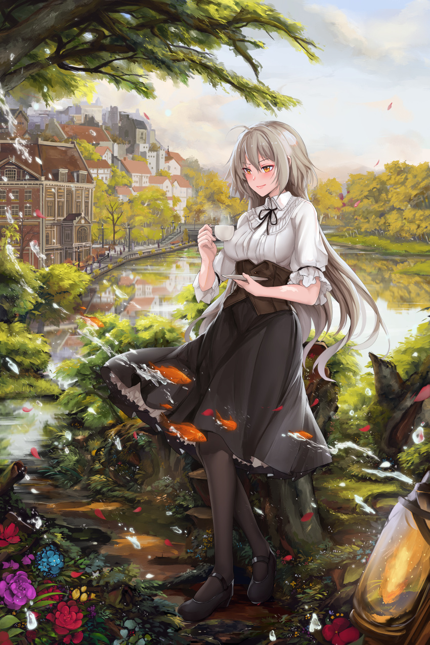 absurdres ahoge artist_name black_pantyhose black_skirt blouse blush breasts city commentary_request corset cup fate/grand_order fate_(series) female flower grey_hair hanada_yanochi highres holding holding_cup holding_saucer jeanne_d'arc_alter_(avenger)_(fate) jeanne_d'arc_alter_(fate) lantern large_breasts light_smile long_hair long_skirt mary_janes outdoors pantyhose petals petticoat pixiv_fate/grand_order_contest_2 saucer shirt shoes skirt solo teacup tree twitter_username white_shirt yellow_eyes