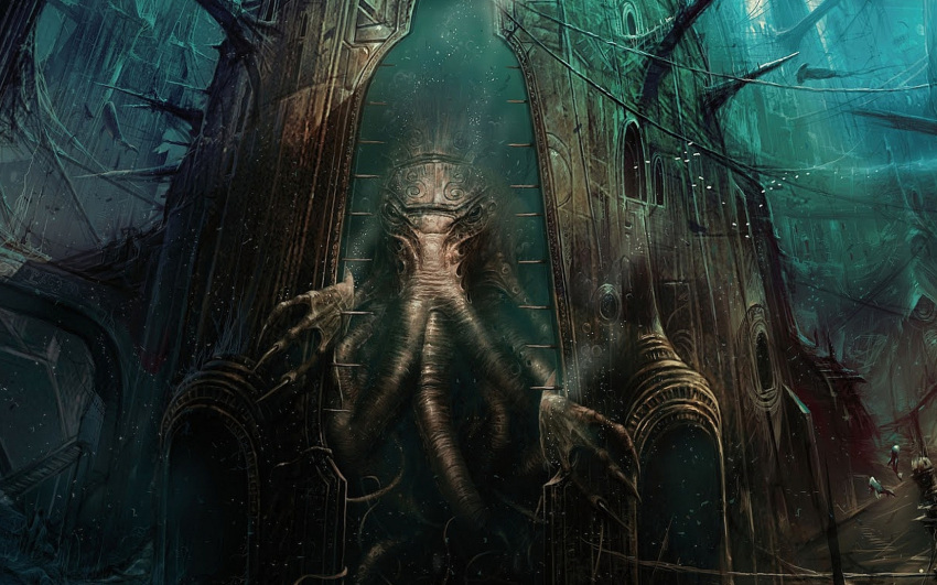 architecture black_eyes bubble claws cthulhu cthulhu_mythos fish gate hammerhead_shark highres impaled monster non-web_source ruins scenery shark spikes stairs tentacle tower underwater