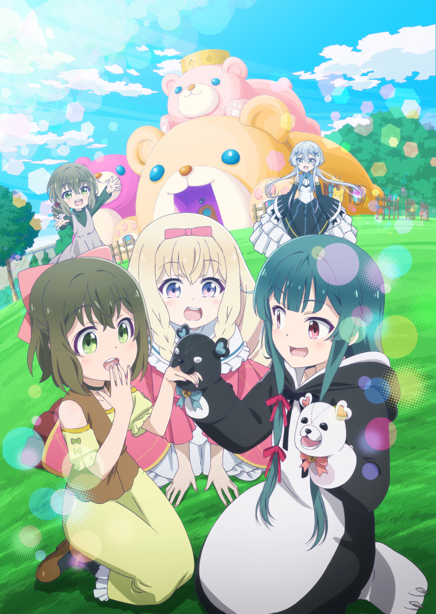 5girls :d absurdres bear_slippers blonde_hair blue_eyes bow braid brown_hair character_request cosplay detached_sleeves dress fina_(kuma_kuma_kuma_bear) frilled_dress frills grass green_eyes green_hair grey_hair hair_between_eyes hair_ornament hairbow hand_puppet highres hood hood_down kigurumi kneeling kuma_kuma_kuma_bear long_hair long_sleeves medium_hair multiple_girls neck_ribbon noire_foschurose official_art open_mouth outdoors puppet purple_eyes red_bow red_eyes ribbon short_sleeves shuri_(kuma_kuma_kuma_bear) side_braids sidelocks sleeves_past_fingers sleeves_past_wrists smile teeth upper_teeth_only wide_sleeves x_hair_ornament yuna_(kuma_kuma_kuma_bear)