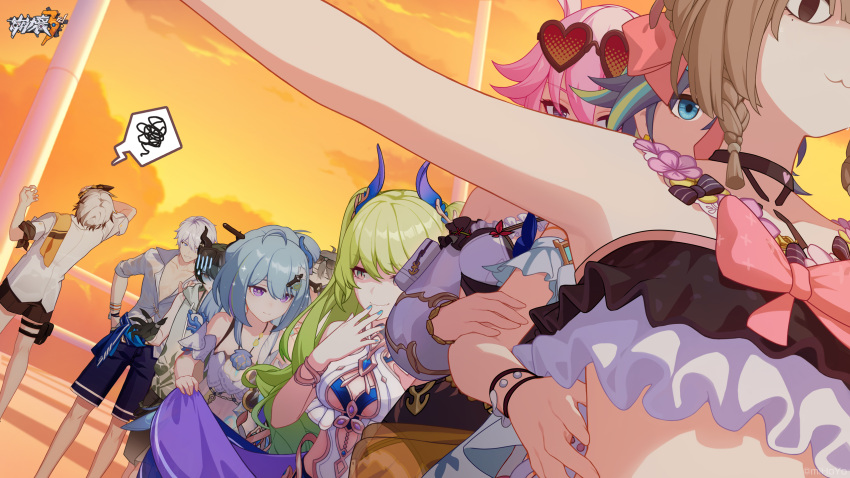 <o>_<o> 4boys 5girls :3 aponia_(honkai_impact) armpits bare_shoulders bikini black_hair blue_eyes blue_nails breasts brown_hair cat_girl cleavage closed_eyes closed_mouth cloud cloudy_sky conga_line copyright_name dress elysia_(honkai_impact) elysia_(miss_pink_elf)_(honkai_impact) eyewear_on_head facepalm frilled_bikini frills fu_hua fu_hua_(shadow_knight) green_eyes green_hair griseo griseo_(starry_impression) highres honkai_(series) honkai_impact_3rd horns kalpas_(honkai_impact) kevin_kaslana kosma logo male_swimwear mask mobius_(daughter_of_corals)_(honkai_impact) mobius_(honkai_impact) multiple_boys multiple_girls nail_polish official_art outdoors pardofelis_(honkai_impact) pardofelis_(midsummer_collector)_(honkai_impact) pink_hair purple_eyes sakura_(honkai_impact) second-party_source shirt short_hair sky sleeves_rolled_up smile spoken_squiggle squiggle su_(honkai_impact) sundress sunglasses swim_trunks swimsuit twintails white_dress white_hair white_shirt yae_sakura yae_sakura_(goushinnso_memento) yellow_sky