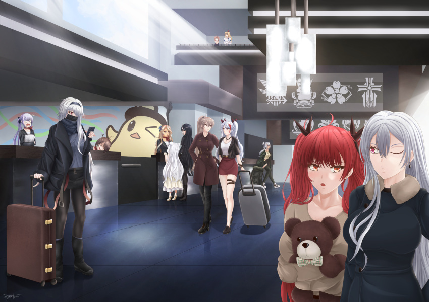 6+girls airport alabama_(azur_lane) alternate_costume azur_lane baltimore_(azur_lane) belt black_footwear black_hair black_hairband black_jacket black_pantyhose blonde_hair breasts brooklyn_(azur_lane) brown_coat brown_hair brown_sweater casual cellphone choker cleavage cleveland_(azur_lane) coat collarbone colorado_(azur_lane) commentary dark-skinned_female dark_skin eagle_union_(emblem) essex_(azur_lane) eyewear_on_head full_body fur_trim green_jacket green_shorts green_thighhighs hair_between_eyes hair_ornament hair_over_one_eye hairband highres holding holding_paper holding_toy honolulu_(azur_lane) horns indoors iris_libre_(emblem) iron_blood_(emblem) jacket jean_bart_(azur_lane) large_breasts le_malin_(azur_lane) long_hair long_sleeves looking_down luggage manjuu_(azur_lane) multicolored_hair multiple_girls noshiro_(azur_lane) o_o oni_horns open_clothes open_jacket open_mouth pantyhose paper phone prinz_eugen_(azur_lane) purple_hair red_choker red_eyes red_hair red_skirt rolling_suitcase royal_navy_emblem_(azur_lane) sakura_empire_(emblem) sardegna_empire_(emblem) short_hair shorts sitting skirt sleeping smartphone sovetskaya_rossiya_(azur_lane) streaked_hair stuffed_animal stuffed_toy suitcase sunglasses sweater syn_(synstyle) teddy_bear thigh_strap thighhighs tiptoes toy twintails u-81_(azur_lane) very_long_hair vichya_dominion_(emblem) white_hair zettai_ryouiki