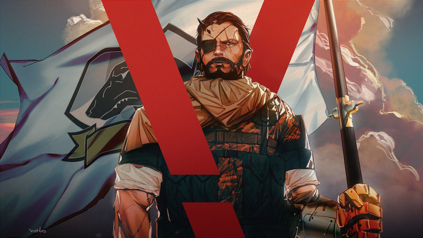 1boy alterab artist_name backlighting beard blue_eyes brown_hair cloak cloud cloudy_sky dawn english_commentary expressionless eyepatch facial_hair film_grain flag highres holding holding_flag horns male_focus mature_male mechanical_arms metal_gear_(series) metal_gear_solid_v:_the_phantom_pain morning muscular muscular_male parted_lips prosthesis prosthetic_arm scar scar_across_eye scar_on_arm scar_on_cheek scar_on_face scar_on_nose single_horn single_mechanical_arm sky sleeves_rolled_up solo standing venom_snake widow's_peak