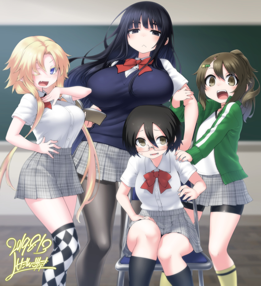 4girls argyle_clothes argyle_legwear bike_shorts black_eyes black_hair black_legwear blazer blonde_hair breasts brown_eyes brown_hair cardigan checkered_clothes checkered_legwear glasses highres himekawa_hinari hizato_akari inuyama_kuroe jacket kagami_ryouko kanayama_nao large_breasts multiple_girls one_eye_closed open_clothes open_jacket original pantyhose ponytail sasashigure_miyo school_uniform shirt_tucked_in shorts shorts_under_skirt star-shaped_eyewear star_(symbol) tented_shirt track_jacket twintails unzipped yamada_yoshino yellow_legwear yoshida_hideyuki