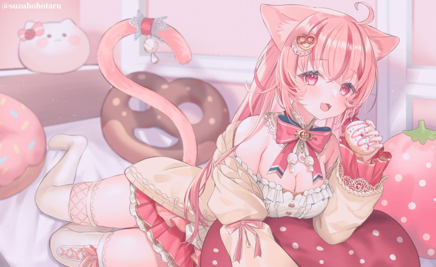 animal_ears breasts cardigan cat_ears cat_girl cat_tail commission doughnut doughnut-shaped_pillow female food highres indie_virtual_youtuber koito_amuno large_breasts long_hair long_sleeves looking_at_viewer miniskirt multicolored_hair off-shoulder_shirt off_shoulder open_cardigan open_clothes pillow pink_eyes pink_hair pink_skirt pleated_skirt pretzel shirt skeb_commission skirt strawberry-shaped_pillow streaked_hair suzuho_hotaru tail thighhighs virtual_youtuber white_shirt white_thighhighs zettai_ryouiki