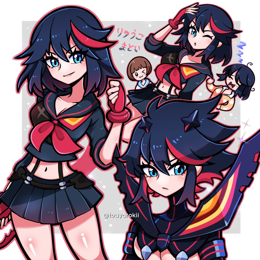 2girls black_hair bob_cut breasts highres kill_la_kill mankanshoku_mako matoi_ryuuko midriff multicolored_hair multiple_girls navel pleated_skirt red_hair revealing_clothes school_uniform scissor_blade_(kill_la_kill) senketsu serafuku short_hair skirt streaked_hair suspenders touyarokii underboob