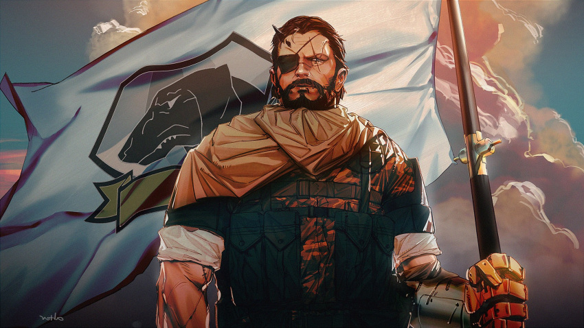 1boy alterab artist_name backlighting beard blue_eyes brown_hair cloak cloud cloudy_sky dawn english_commentary expressionless eyepatch facial_hair film_grain flag highres holding holding_flag horns male_focus mature_male mechanical_arms metal_gear_(series) metal_gear_solid_v:_the_phantom_pain morning muscular muscular_male parted_lips prosthesis prosthetic_arm scar scar_across_eye scar_on_arm scar_on_cheek scar_on_face scar_on_nose single_horn single_mechanical_arm sky sleeves_rolled_up solo standing venom_snake widow's_peak