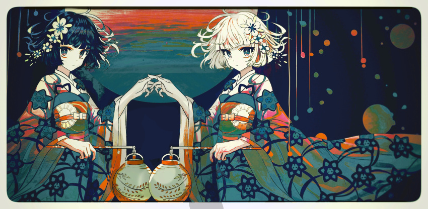 1boy absurdres black_hair blunt_bangs bob_cut brother_and_sister cowboy_shot expressionless female floating_hair flower furisode hair_flower hair_ornament hand_up highres holding holding_lantern japanese_clothes kanzashi kimetsu_no_yaiba kimono lantern long_sleeves looking_at_viewer obi otoko_no_ko paper_lantern print_kimono sash shan_gui_yu_yao short_hair siblings standing ubuyashiki_kanata ubuyashiki_kiriya white_flower white_hair