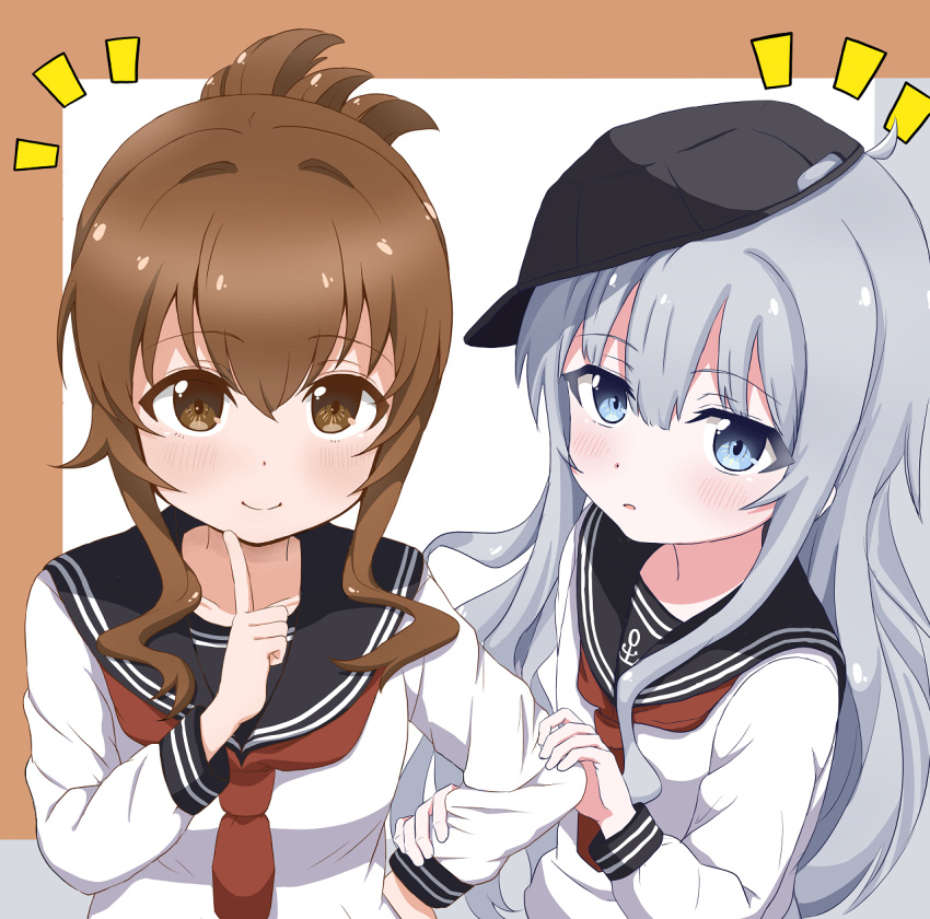 2girls black_headwear blue_eyes brown_eyes brown_hair flat_cap folded_ponytail grey_hair hat hibiki_(kancolle) highres inazuma_(kancolle) kantai_collection long_hair long_sleeves multiple_girls neckerchief red_neckerchief school_uniform serafuku shirt smile tottsan white_shirt