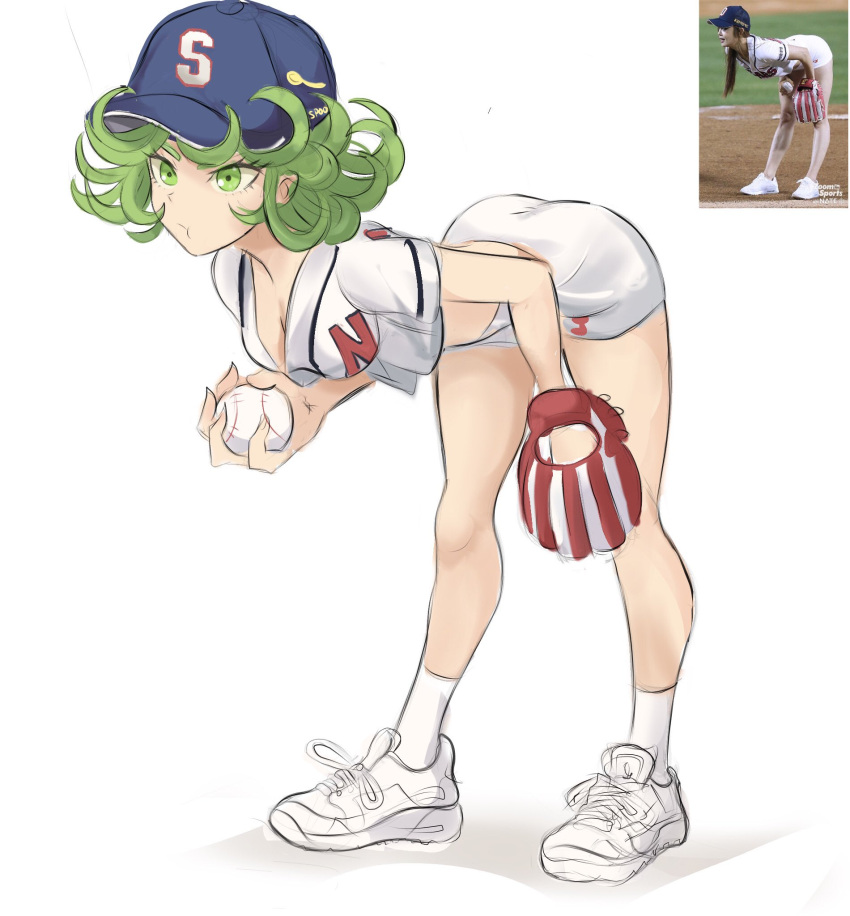 :t alternate_costume ass ball baseball baseball_(object) baseball_cap baseball_mitt bent_over breasts chewing choi_seol-hwa cleavage crop_top downblouse english_commentary female full_body green_eyes green_hair hat highres holding holding_ball one-punch_man pantylines petite photo_inset playing_sports rakeemspoon reference_inset shoes short_hair short_shorts shorts small_breasts sneakers socks solo tatsumaki white_footwear white_shorts white_socks