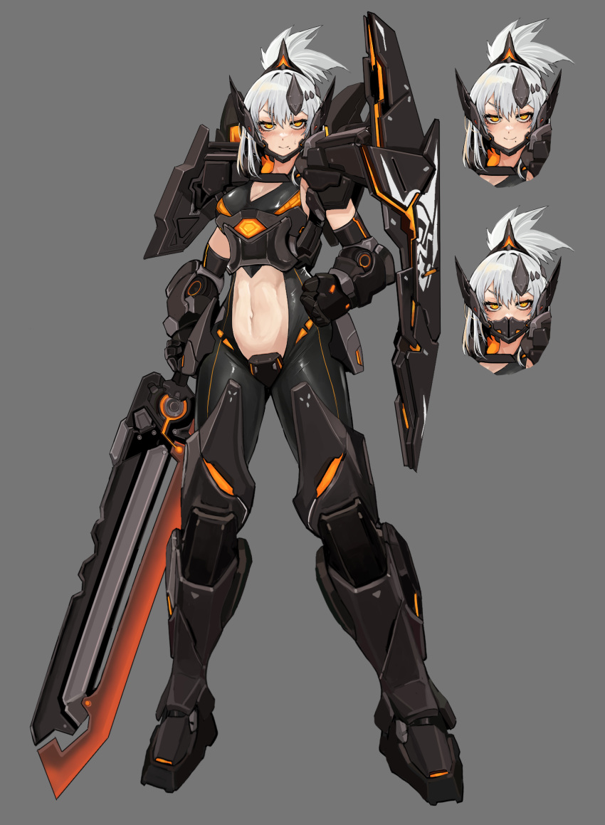 absurdres armor armored_boots black_armor black_bodysuit black_gloves blush bodysuit boots breasts cleavage clenched_hand closed_mouth clothing_cutout commentary concept_art elbow_gloves exoskeleton expressions eyebrows_hidden_by_hair female full_body gauntlets genderswap_(mtf) gloves grey_background guardian_tales hair_between_eyes headgear highres holding holding_sword holding_weapon looking_at_viewer mask mecha_musume mecha_warrior_oghma medium_breasts medium_hair mole mole_under_mouth mouth_mask navel navel_cutout personification rule_63 shoulder_armor sidelocks simple_background smile standing sweat sword toned weapon white_hair will2012tw yellow_eyes