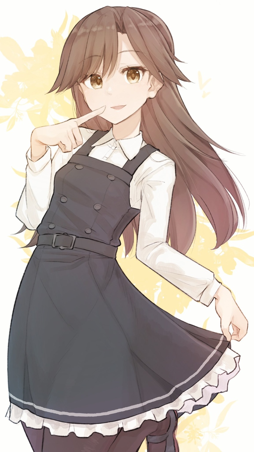 arashio_(kancolle) banned_artist belt belt_buckle black_belt black_legwear brown_eyes brown_hair buckle buttons collared_shirt commentary_request dress eyebrows_visible_through_hair female frilled_dress frills highres kantai_collection long_hair long_sleeves looking_at_viewer pantyhose pinafore_dress pointing pointing_at_self remodel_(kantai_collection) shirt skirt_hold solo white_shirt yopan_danshaku