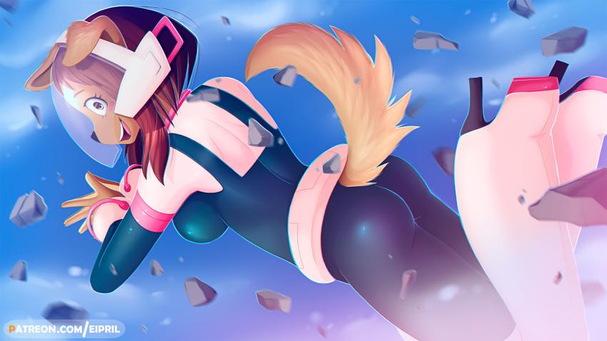 16:9 2020 alternate_species anthro ass blush bodysuit breasts canid canine canis clothed clothing digital_media_(artwork) domestic_dog eipril female furrification hi_res looking_at_viewer looking_back mammal my_hero_academia ochaco_uraraka open_mouth skinsuit solo text tight_clothing url widescreen