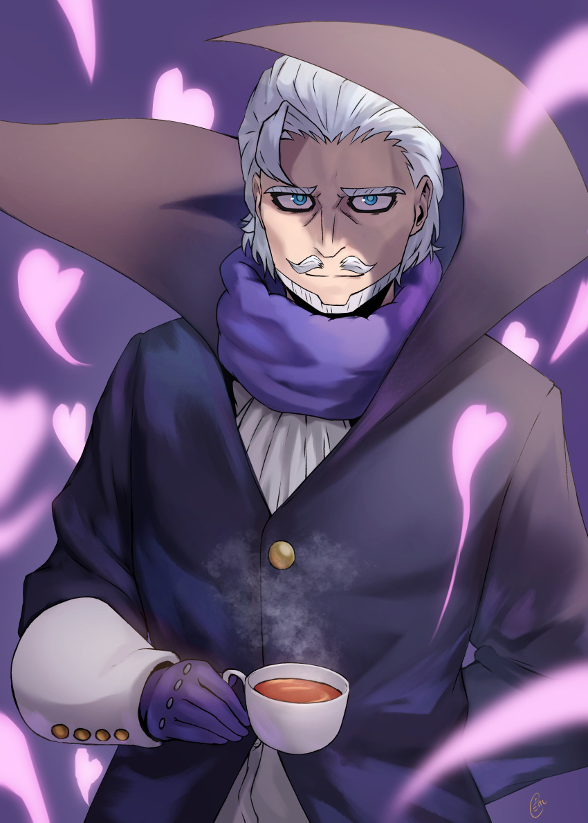 1boy absurdres arm_behind_back blue_eyes boku_no_hero_academia commentary cup facial_hair gentle_criminal gloves grey_hair heart highres holding holding_cup looking_at_viewer male_focus moustache peppertomo purple_background purple_gloves simple_background solo teacup upper_body