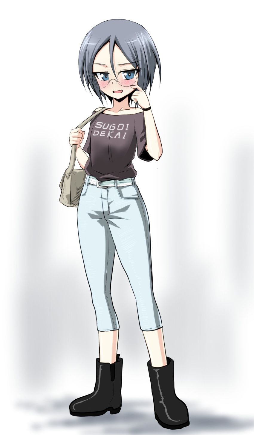 absurdres bag belt black_footwear black_shirt blue_eyes blue_pants blush boots bracelet capri_pants carrying casual clothes_writing commentary female finger_to_face full_body girls_und_panzer glasses grey_hair handbag highres irony jewelry kamishima_kanon looking_at_viewer no_socks off-shoulder_shirt off_shoulder open_mouth pants romaji_text round_eyewear rumi_(girls_und_panzer) shirt short_hair short_sleeves smile solo sugoi_dekai translated white_belt