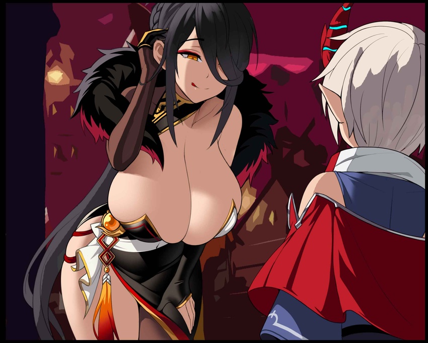 1boy :p ara_haan bad_id bad_twitter_id black_hair braid breasts cleavage demon_boy demon_horns devi_(elsword) dress elsword female grimgrim hair_over_one_eye highres horns huge_breasts naughty_face orange_eyes pointy_ears stirbargen_(elsword) strapless strapless_dress tongue tongue_out tucking_hair you_gonna_get_raped