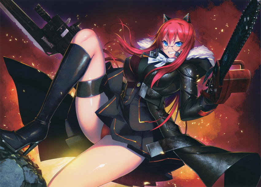 absurdres artbook black_footwear black_gloves blood blue_eyes boots chains female glasses gloves gun high_heel_boots high_heels highres holding holding_weapon jacket kibanohara_ethica long_hair md5_mismatch nitroplus official_art oosaki_shin'ya panties red_hair red_panties ribbon scan skirt smile solo tokyo_necro underwear weapon