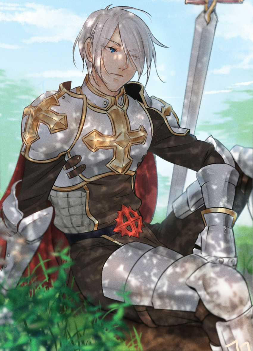 1boy armor armored_boots blue_eyes blurry boots breastplate closed_mouth cloud commentary_request cross dappled_sunlight day depth_of_field eyes_visible_through_hair gauntlets grass hair_between_eyes hair_over_one_eye highres hikarusorano leg_armor looking_to_the_side lord_knight_(ragnarok_online) male_focus outdoors pauldrons ragnarok_online shade short_hair shoulder_armor sitting solo sunlight sword tabard weapon white_hair